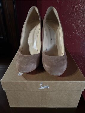 Christian Louboutin Taupe Suede Round-Toe Pumps